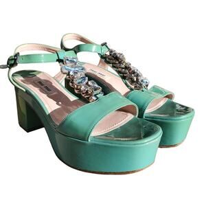 Miu Miu Green Patent Leather Crystal Platform Ankle Strap Sandals - Size 35